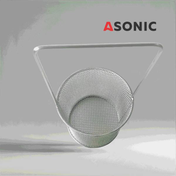 ASONIC väike ümar korvikäepide fi75mm1 „ASONIC roostevabast terasest ümmargune korv Ø75 mm käepidemega, mugav lisaseade ultrahelipuhastusseadmetele, ideaalne väikeste esemete puhastamiseks.